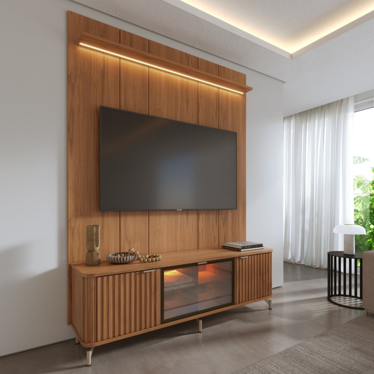 Rack com Painel para TV até 75 Polegadas Vidro Reflecta 100% MDF com Led Neon Float 178cm