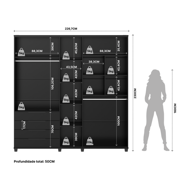 Guarda-Roupa Casal 5 Portas 4 Gavetas 100% MDF Allen 226 cm - Freijó c/ Preto Fosco