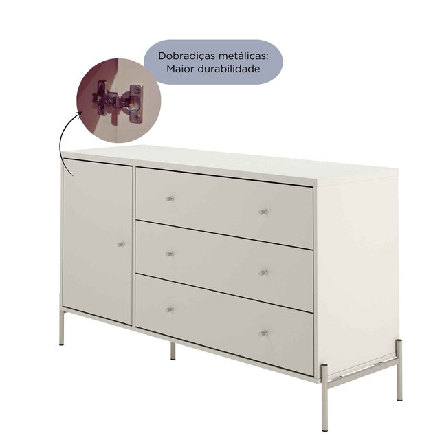 Cômoda com 3 Gavetas e 1 Porta Jasper 138 cm Branco Gloss com Dourado