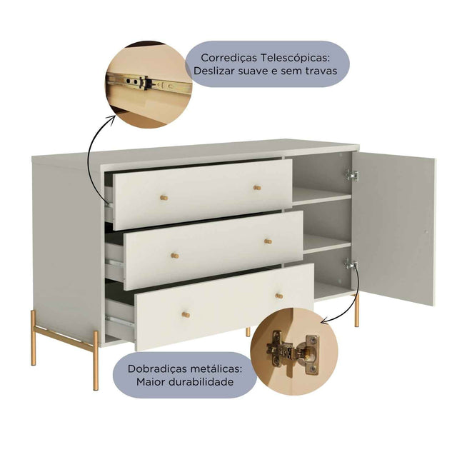 Cômoda com 3 Gavetas e 1 Porta Jasper 138 cm Branco Gloss com Dourado