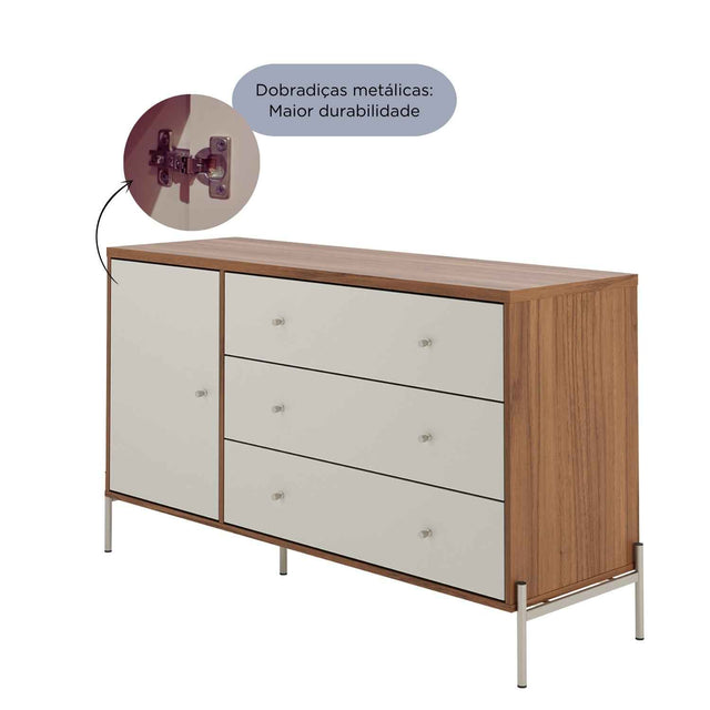 Cômoda com 3 Gavetas e 1 Porta Jasper 138 cm Branco Gloss com Dourado