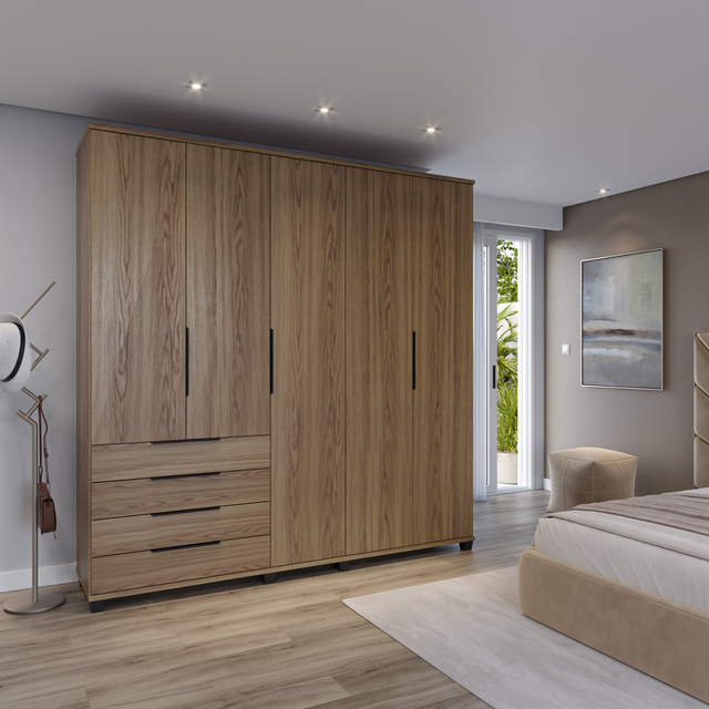 Guarda-Roupa Casal 5 Portas 4 Gavetas 100% MDF Allen 226 cm - Freijó c/ Preto Fosco