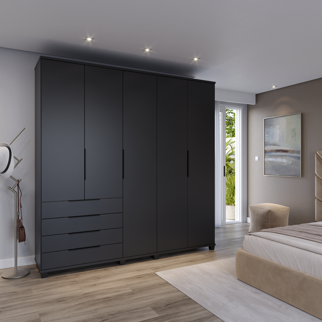 Guarda-Roupa Casal 5 Portas 4 Gavetas 100% MDF Allen 226 cm - Freijó c/ Preto Fosco