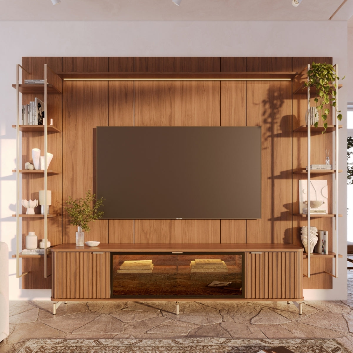 Estante para TV até 85 Polegadas Vidro Reflecta com Prateleiras 100% MDF com Led Neon Float 291cm