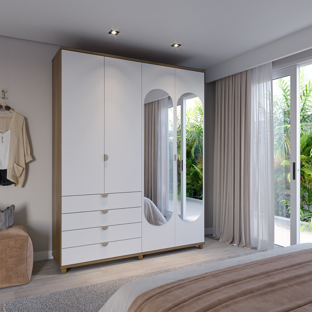 Guarda-Roupa 4 Portas 4 Gavetas com Espelho 100% MDF Look 181cm Freijó com Branco Fosco