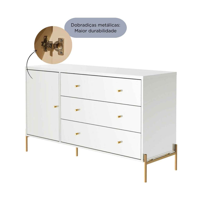 Cômoda com 3 Gavetas e 1 Porta Jasper 138 cm Branco Gloss com Dourado