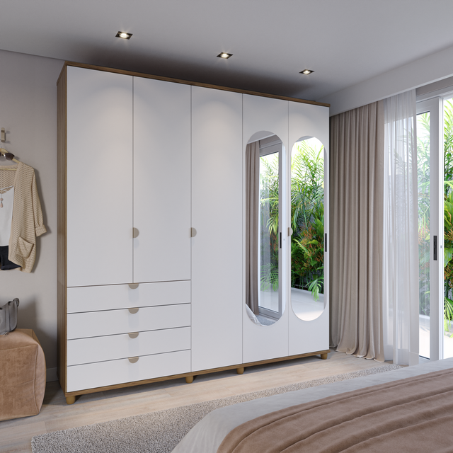 Guarda-Roupa Casal com Espelho 5 Portas 4 Gavetas 100% MDF Look 226cm Freijó c/ Branco Fosco