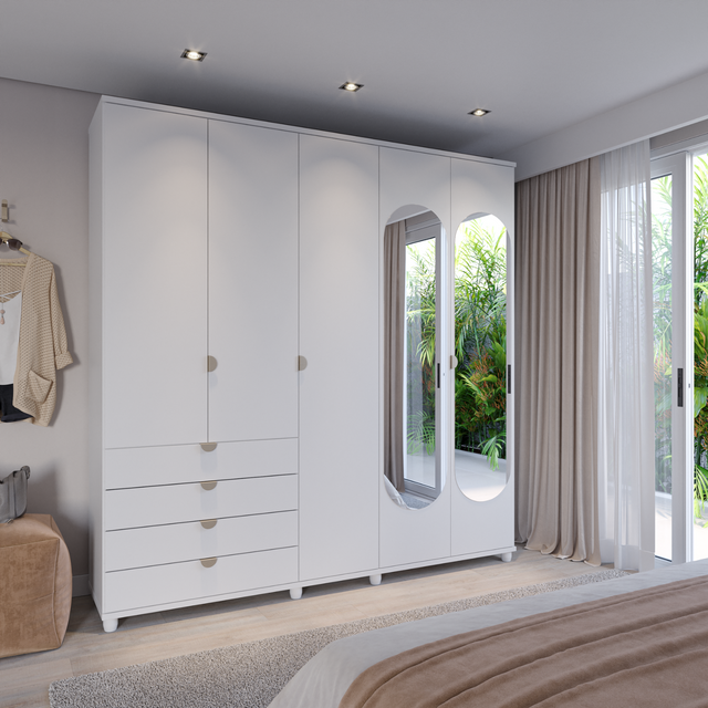 Guarda-Roupa Casal com Espelho 5 Portas 4 Gavetas 100% MDF Look 226cm Freijó c/ Branco Fosco