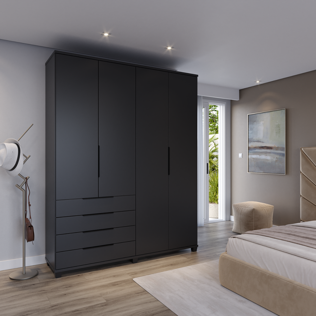 Guarda-Roupa 4 Portas 4 Gavetas 100% MDF Allen 181 cm Preto Fosco