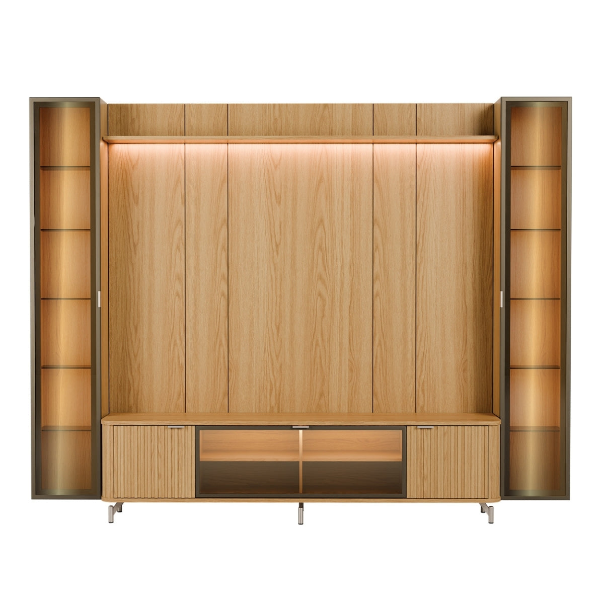 Estante para TV até 85 Polegadas com 2 Cristaleiras Vidro Reflecta 100% MDF com Led Neon Float 291cm