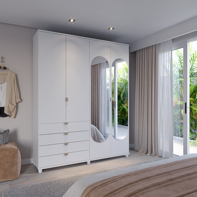 Guarda-Roupa 4 Portas 4 Gavetas com Espelho 100% MDF Look 181cm Freijó com Branco Fosco