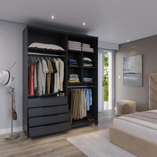 Guarda-Roupa 4 Portas 4 Gavetas 100% MDF Allen 181 cm Preto Fosco