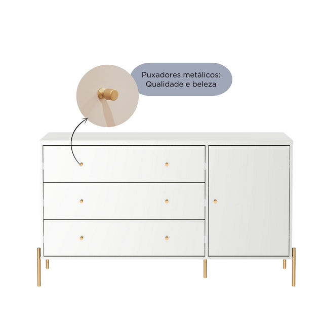Cômoda com 3 Gavetas e 1 Porta Jasper 138 cm Branco Gloss com Dourado