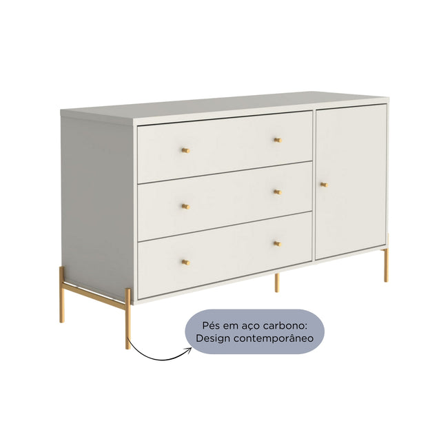 Cômoda com 3 Gavetas e 1 Porta Jasper 138 cm Branco Gloss com Dourado