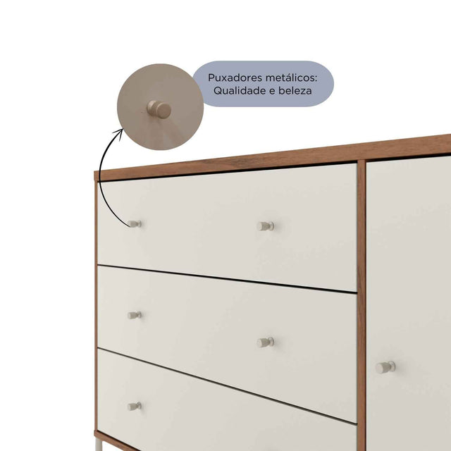 Cômoda com 3 Gavetas e 1 Porta Jasper 138 cm Branco Gloss com Dourado