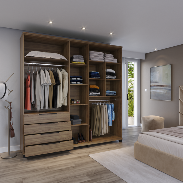 Guarda-Roupa Casal 5 Portas 4 Gavetas 100% MDF Allen 226 cm - Freijó c/ Preto Fosco