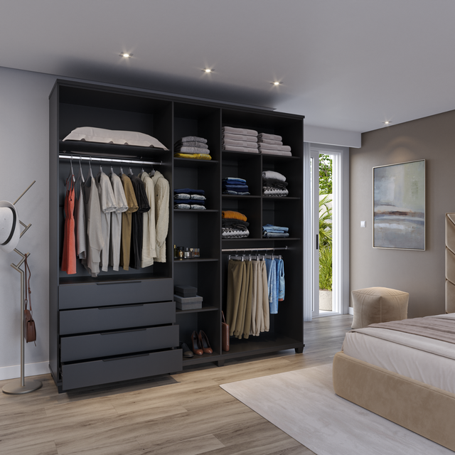 Guarda-Roupa Casal 5 Portas 4 Gavetas 100% MDF Allen 226 cm - Freijó c/ Preto Fosco