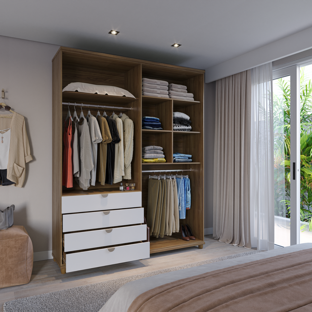 Guarda-Roupa 4 Portas 4 Gavetas com Espelho 100% MDF Look 181cm Freijó com Branco Fosco
