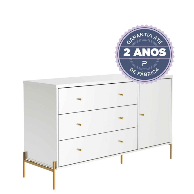 Cômoda com 3 Gavetas e 1 Porta Jasper 138 cm Branco Gloss com Dourado