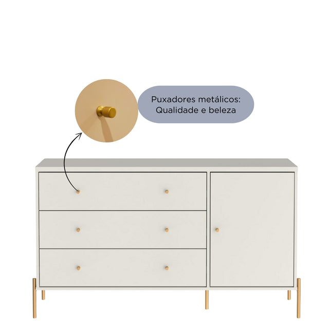 Cômoda com 3 Gavetas e 1 Porta Jasper 138 cm Branco Gloss com Dourado