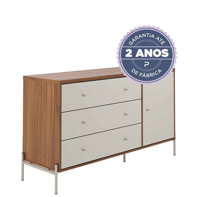 Cômoda com 3 Gavetas e 1 Porta Jasper 138 cm Branco Gloss com Dourado
