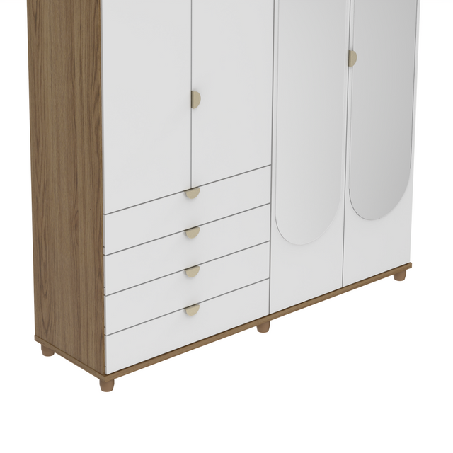 Guarda-Roupa 4 Portas 4 Gavetas com Espelho 100% MDF Look 181cm Freijó com Branco Fosco