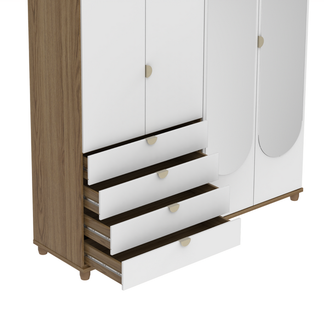 Guarda-Roupa 4 Portas 4 Gavetas com Espelho 100% MDF Look 181cm Freijó com Branco Fosco