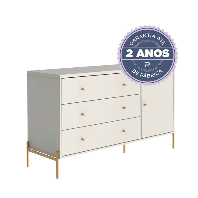 Cômoda com 3 Gavetas e 1 Porta Jasper 138 cm Branco Gloss com Dourado
