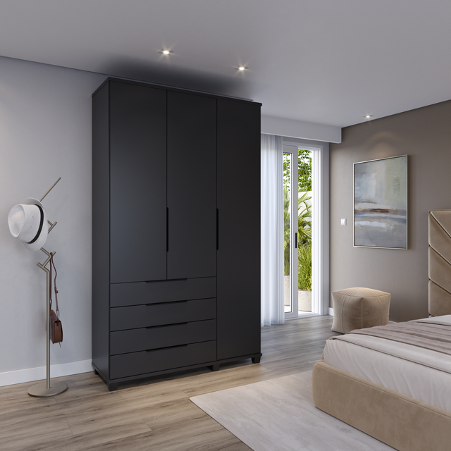 Guarda-Roupa Solteiro 3 Portas 4 Gavetas 100% MDF Allen 136 cm - Preto Fosco