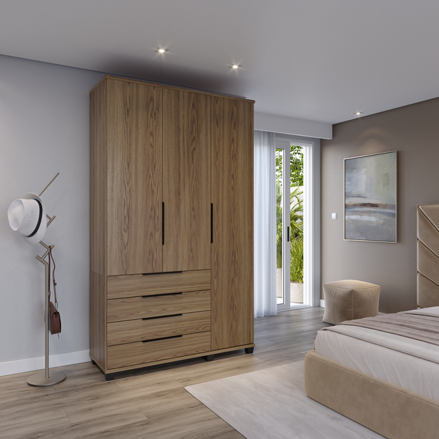 Guarda-Roupa Solteiro 3 Portas 4 Gavetas 100% MDF Allen 136 cm - Freijó c/ Preto Fosco