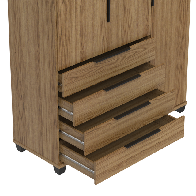Guarda-Roupa Solteiro 3 Portas 4 Gavetas 100% MDF Allen 136 cm - Freijó c/ Preto Fosco