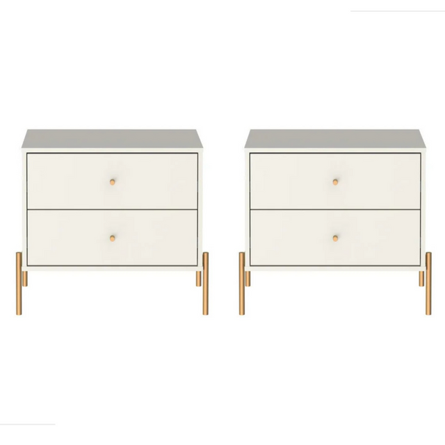 Kit 2 Mesas de Cabeceira Jasper com 2 Gavetas 64cm Off White Fosco com Dourado