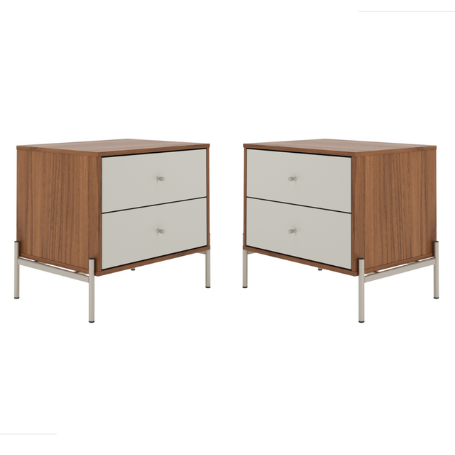 Kit 2 Mesas de Cabeceira Jasper com 2 Gavetas 64cm Canella e Off White com Champanhe