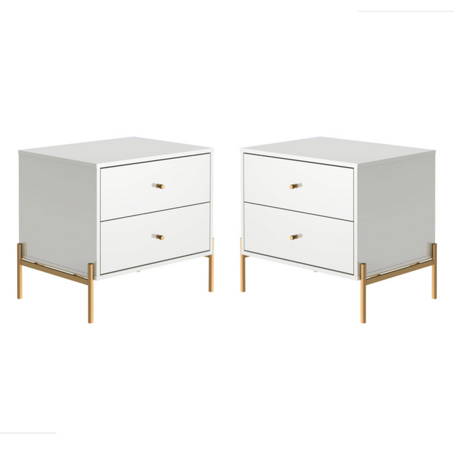 Kit 2 Mesas de Cabeceira Jasper com 2 Gavetas 64cm Branco Gloss com Dourado