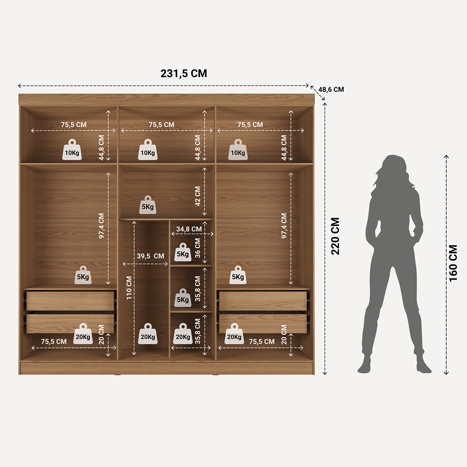 Guarda-Roupa Casal 6 Portas 4 Gavetas Lazzaro 231cm Carvalho