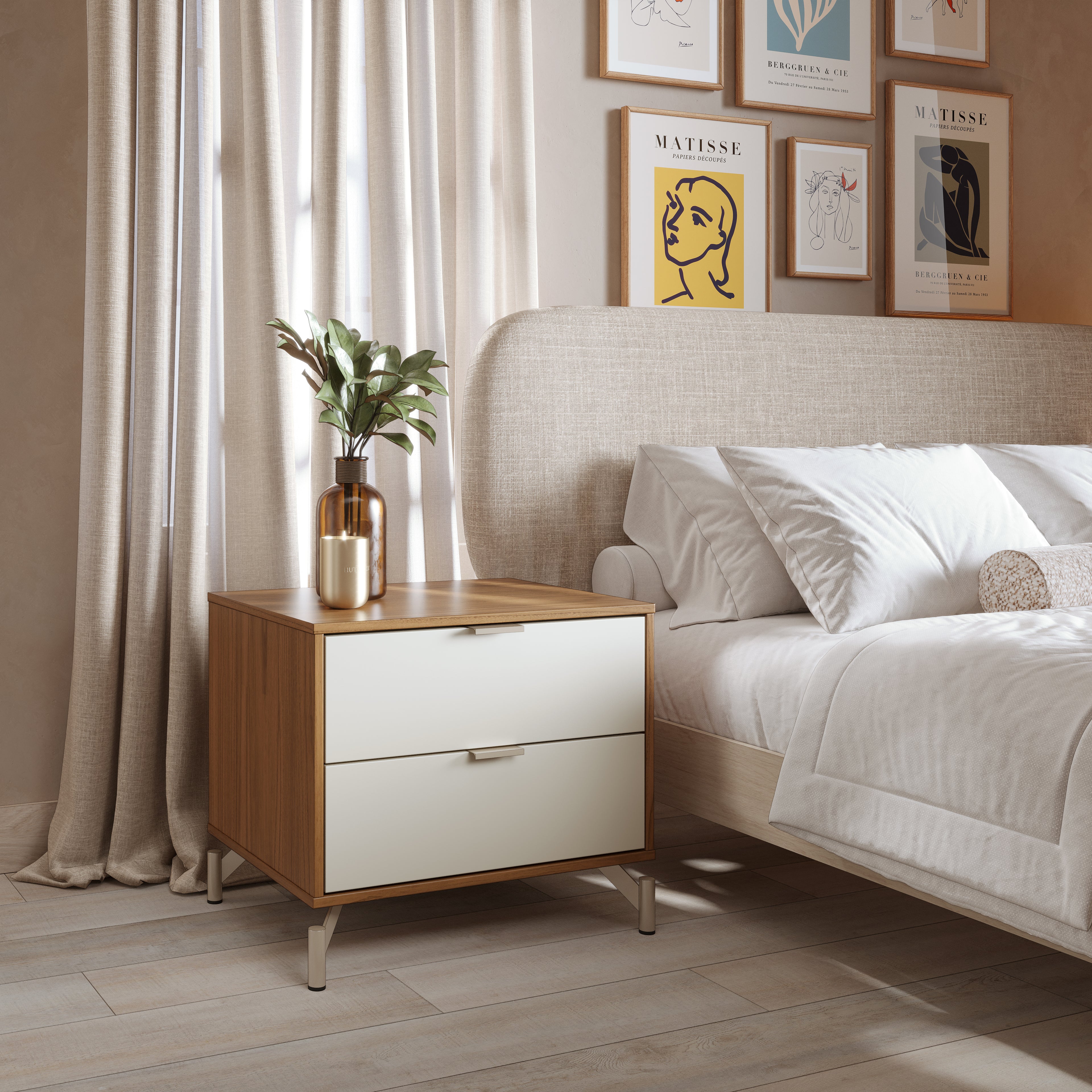 Cômoda com 6 Gavetas e 2 Mesas de Cabeceira Glow Off White Fosco com Champanhe