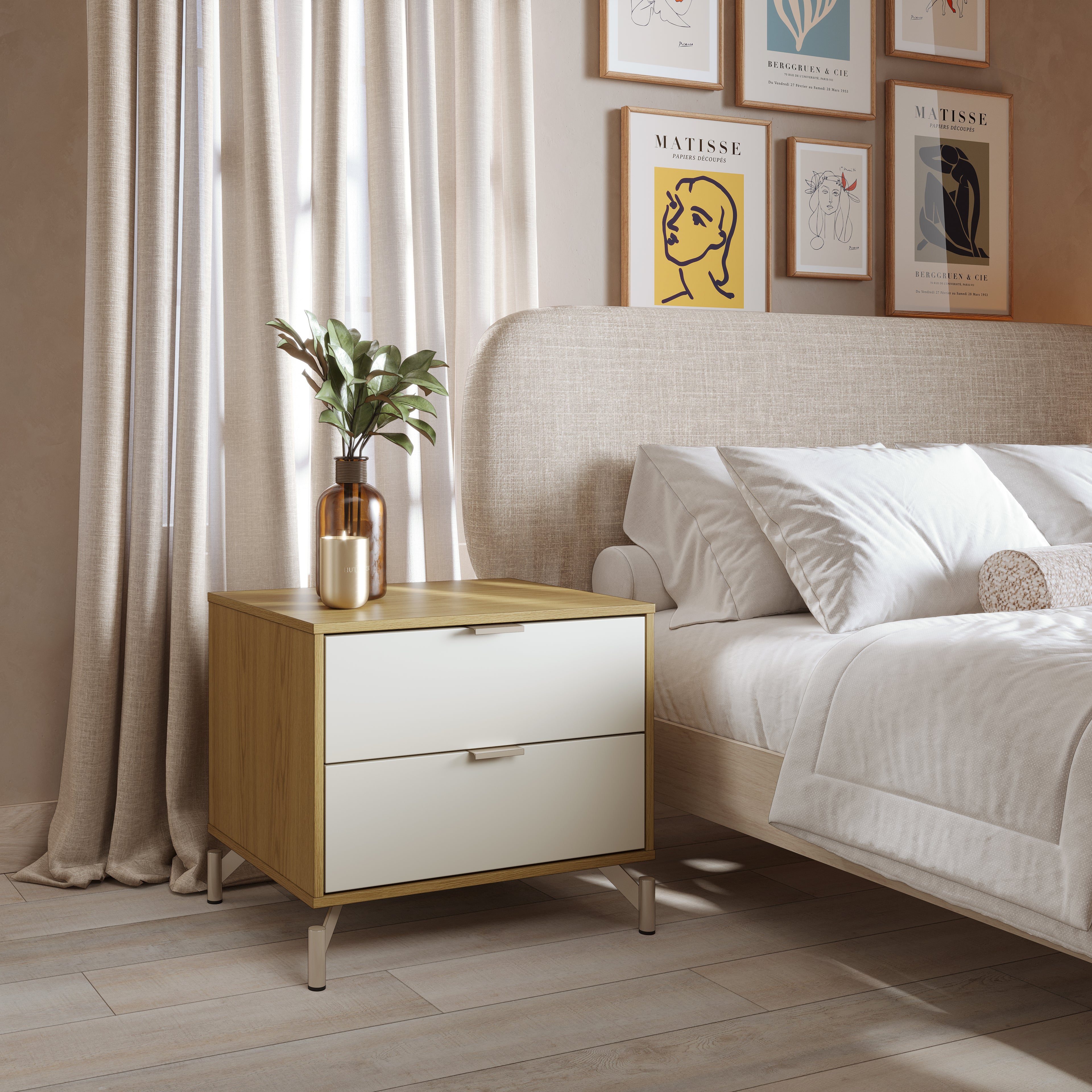 Cômoda com 6 Gavetas e 2 Mesas de Cabeceira Glow Off White Fosco com Champanhe