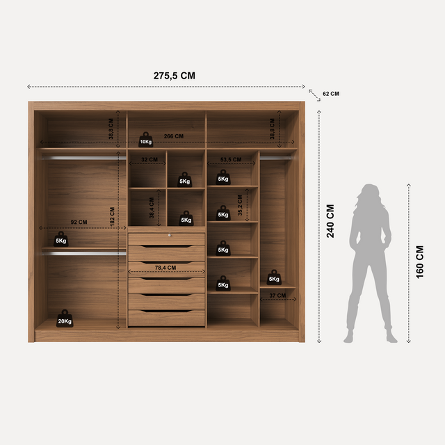Guarda-Roupa 100% MDF Montclair 3 portas de correr com gaveta porta jóia - 275 cm