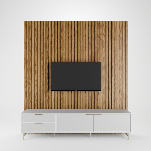 Painel Ripado Devin para TVs 75 Polegadas com Rack Yves 2.2 Branco com Champanhe
