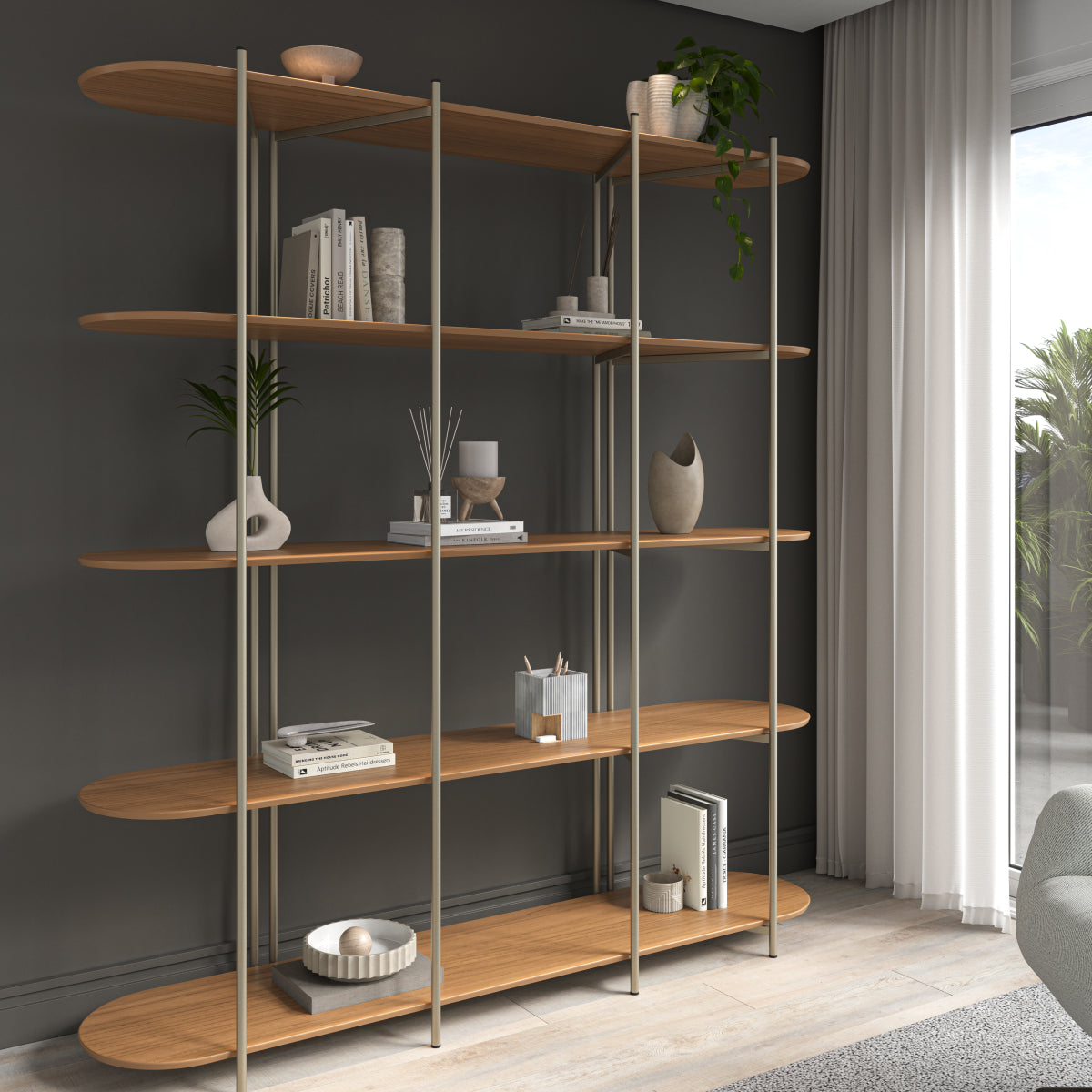 Estante 5 Prateleiras Aço com MDF Enya 180cm Canella com Champanhe