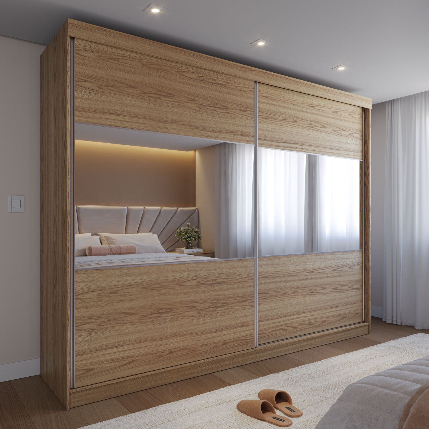 Guarda Roupa Casal 2 Portas de Correr c/ Espelho Gavino 238cm Carvalho