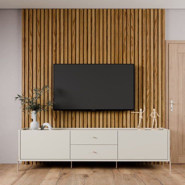Painel Ripado Devin para TVs 75 Polegadas com Rack Jasper 2.2 Off White com Champanhe