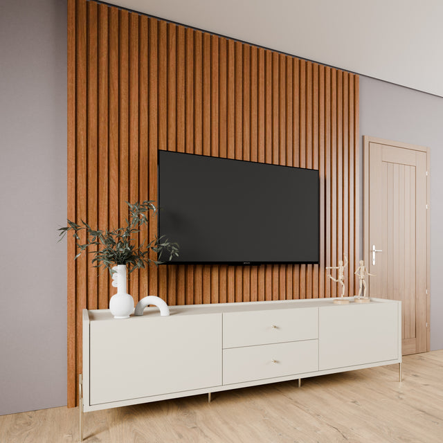 Painel Ripado Devin para TVs 75 Polegadas com Rack Jasper 2.2 Off White com Champanhe
