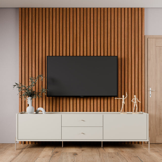 Painel Ripado Devin para TVs 75 Polegadas com Rack Jasper 2.2 Off White com Champanhe