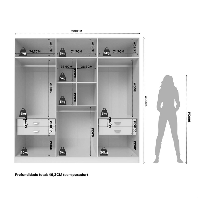 Guarda Roupa Casal Eldridge Branco Gloss - 230 cm /Outlet