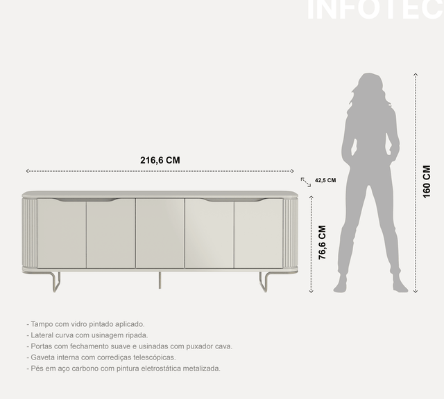 Buffet Liege 216 cm - Off White Fosco c/ Champanhe