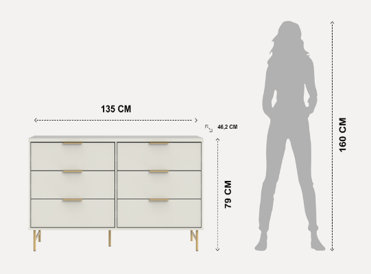 Cômoda 6 Gavetas Yves 135cm Branco Fosco com Champanhe