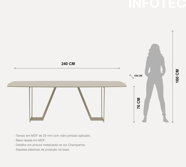 Mesa de Jantar Albany c/ Vidro - 240 cm