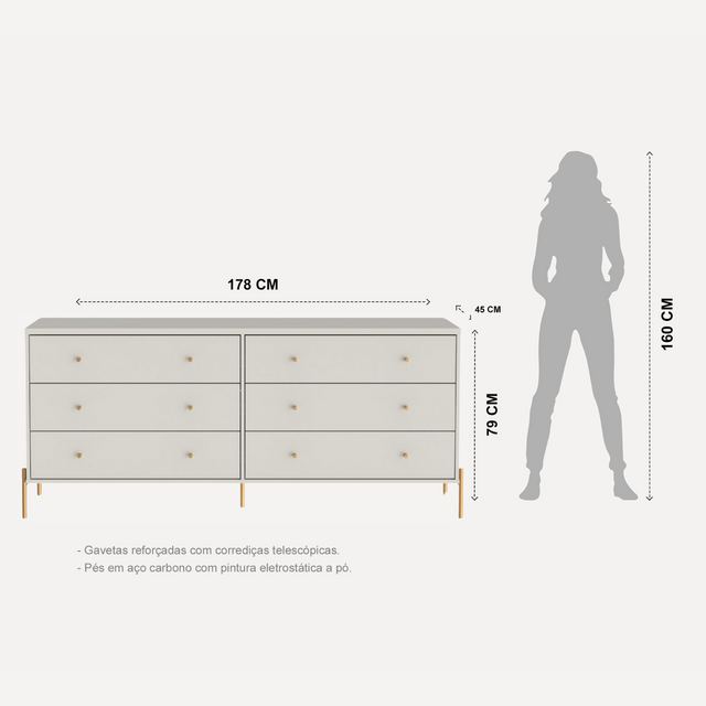 Cômoda 6 Gavetas Jasper 182 cm Branco Gloss com Dourado