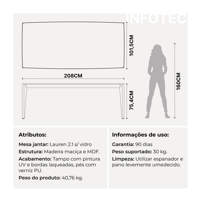 Mesa de Jantar Lauren 208 cm - Natural c/ Canela